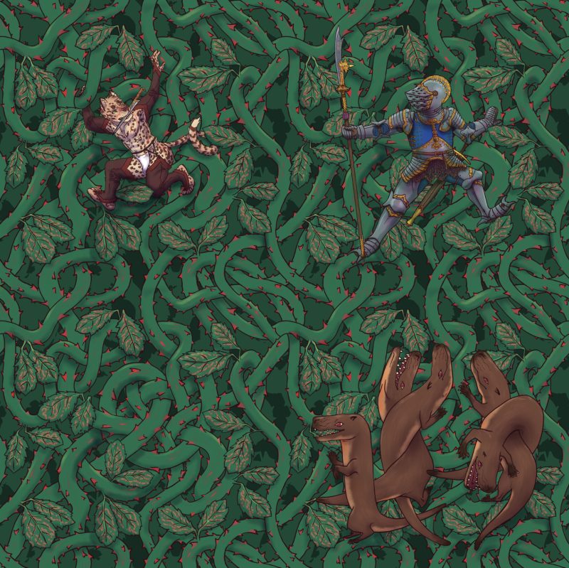 digital drawing of intertwining thorny stems, repeated four times to make up a tiling pattern, one corner empty and an anthropomorphic feline adventurer, a knight and a group of monstrous weasel clambering among the vines in the other quadrants.